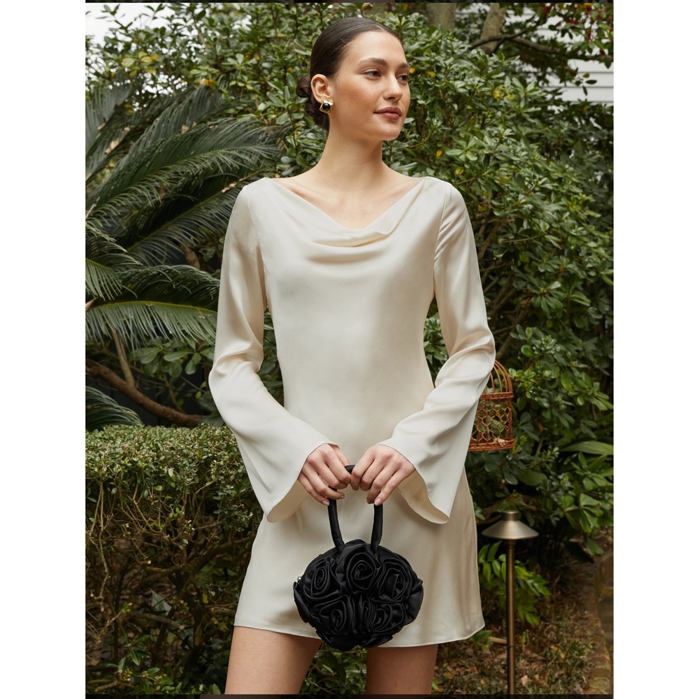 O.P.T Satin Cowl Neck Bell Sleeve Mini Dress Ivory Shift Dress